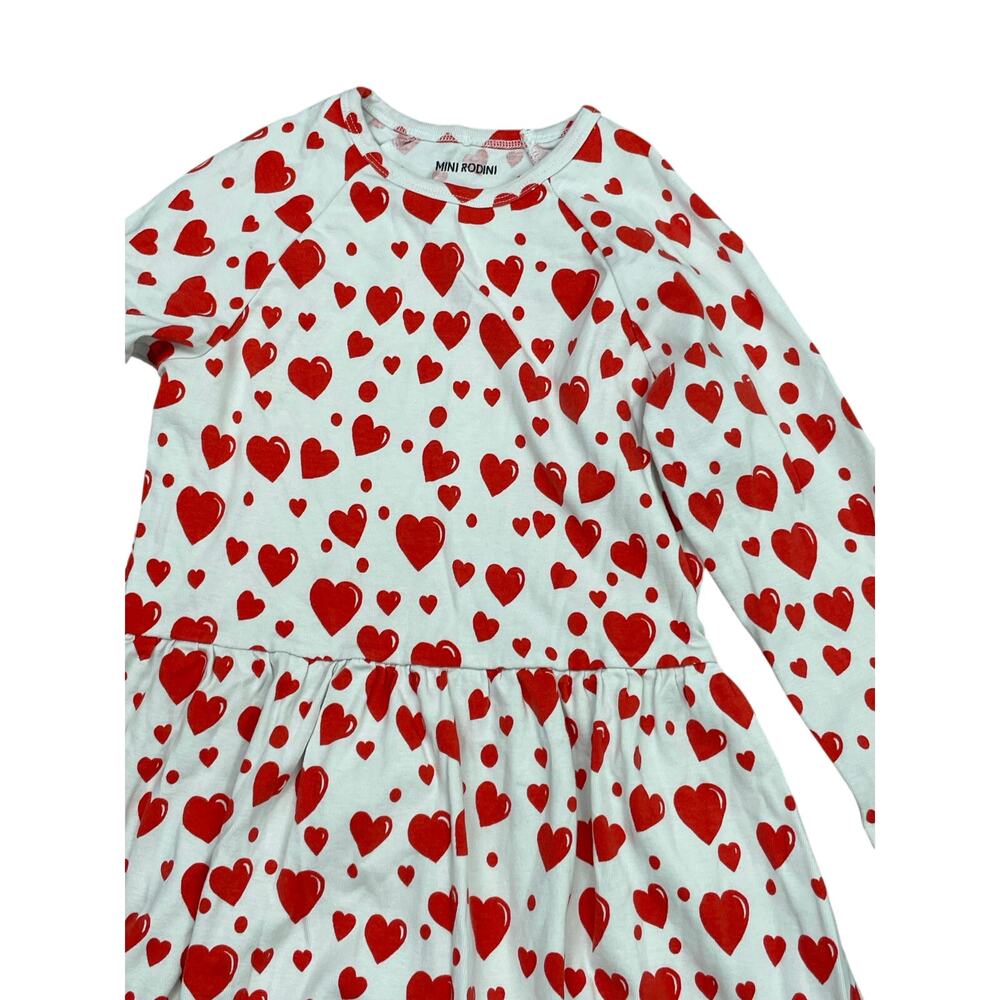 Mini Rodini Kids Girls' White Red Hearts Long Sleeve Mini Flare Dress Sz 9-11YO - Picture 2 of 6